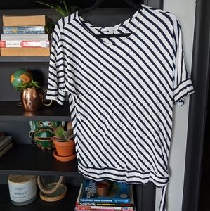 Navy and white striped 3 quarter sleeve shirt